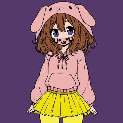 pretty anime girl wearing a fluffy hoodie with bunny ears on the hood and a skirt
