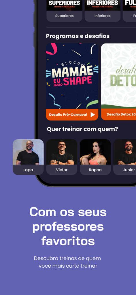 Academia Foguete - Screenshot of Academia Foguete app showing workout programs and a selection of personal trainers.