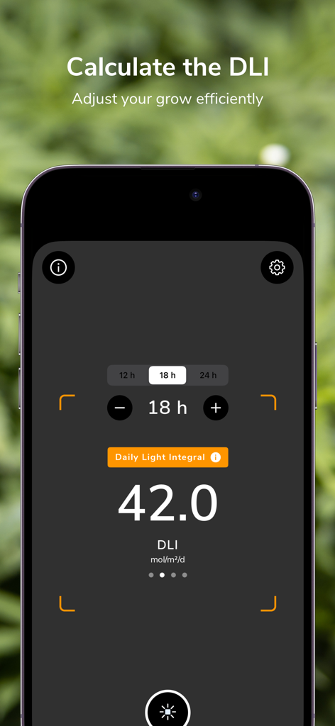 Application Photone affichant une mesure de l'Integral Lumineux Journalier (DLI) de 42,0 pour les lampes de culture de plantes