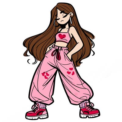 girl in baggy pants crop top and long hair