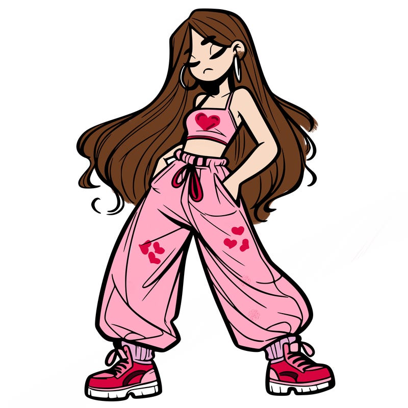 girl in baggy pants crop top and long hair