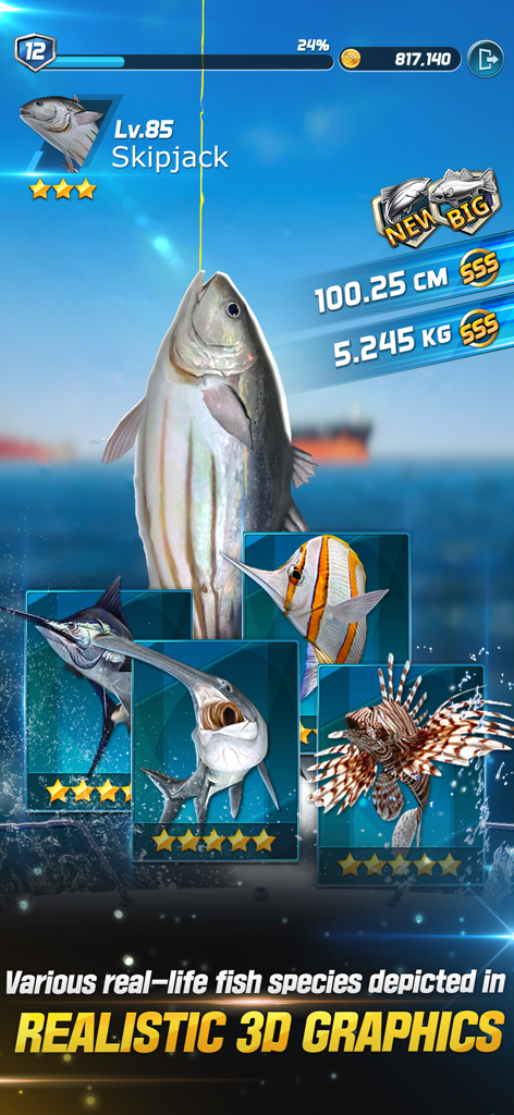 A screenshot of Ace Fishing Crew showing a 3D Skipjack fish and a collection of other realistic fish species like Marlin and Lionfish.