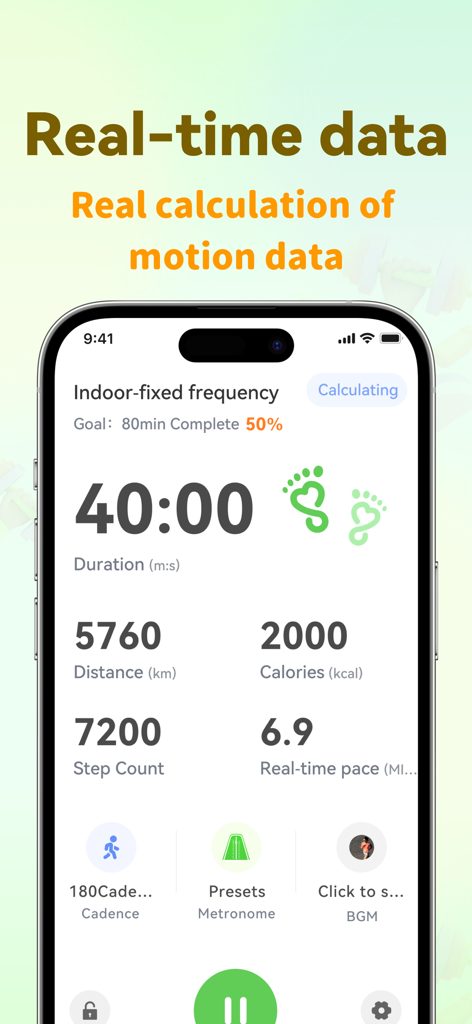 Slow Jogging Tracker &Timer - Interface de l'application de slow jogging montrant la durée de l'entraînement, les calories et la distance en temps réel