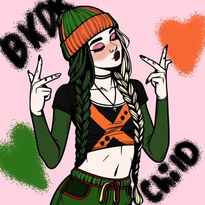 realistic teenage girl with braids and a beanie and crop top doing 🫶🏼