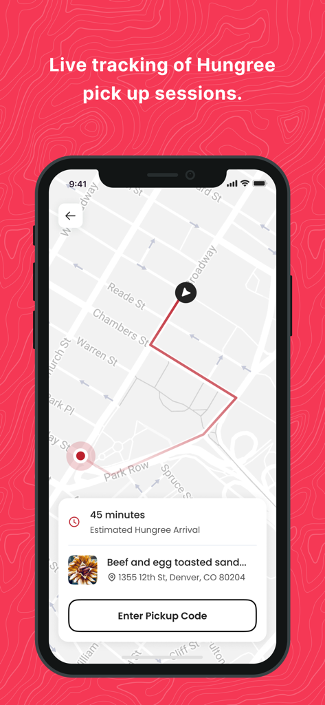 The HungreeApp - Die Oberfläche von The HungreeApp zeigt eine Karte mit Live-Tracking für eine Lebensmittelabholung und eine Schaltfläche für den Abholcode.