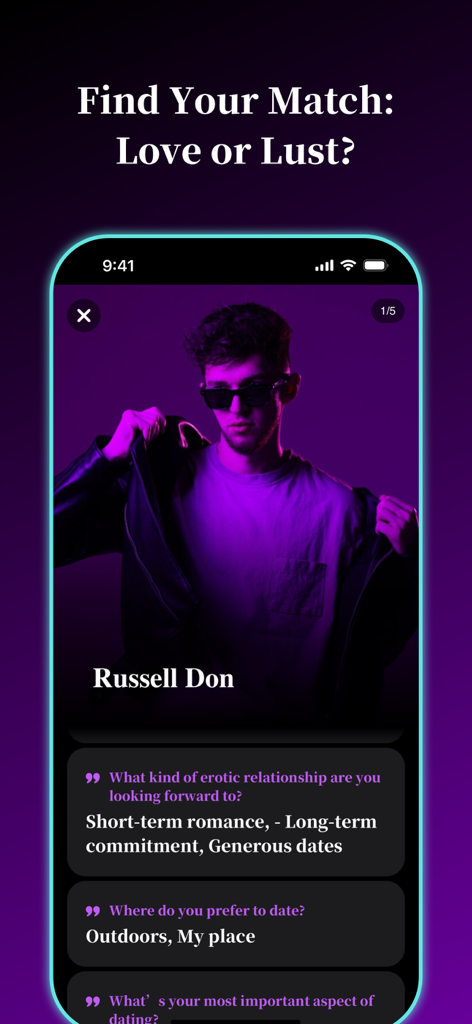 Purpo dating app profile interface featuring a male user and relationship preference questions