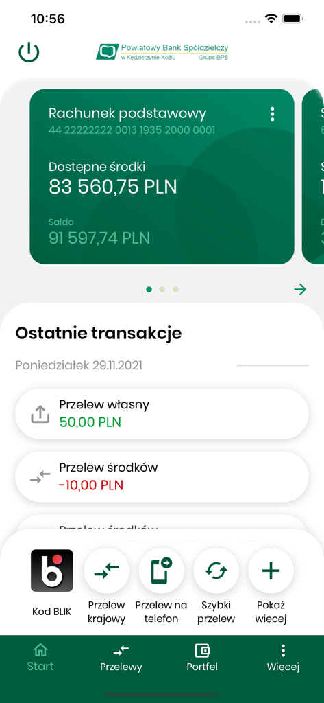 PBS Kędzierzyn-Koźle - Panel de la aplicación de banca móvil polaca mostrando el saldo de la cuenta y opciones de transferencia rápida