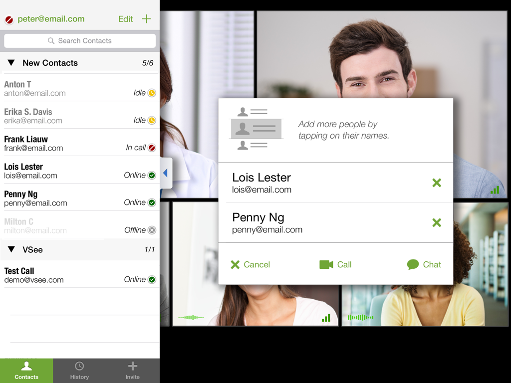 VSee Messenger for iPad - VSee Messenger for iPad showing contact list and group call options
