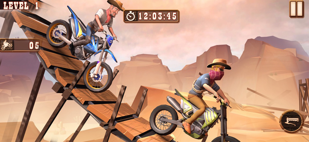 Mountain Bike Xtreme Racing - Dos corredores realizando acrobacias en bicicletas de montaña en una pista de cañón desértico.