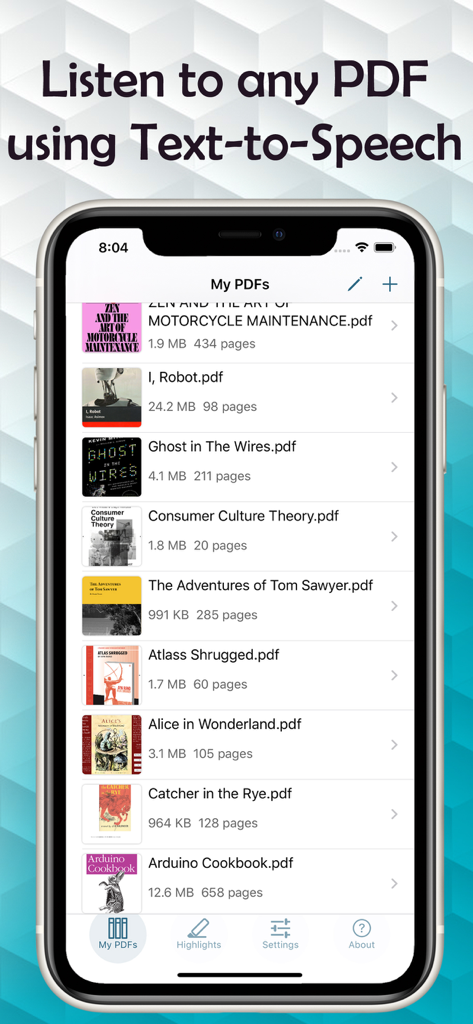 Text to Speech PDF Reader - iPhone画面上のテキスト読み上げPDFリーダーアプリでPDFファイルのライブラリを表示
