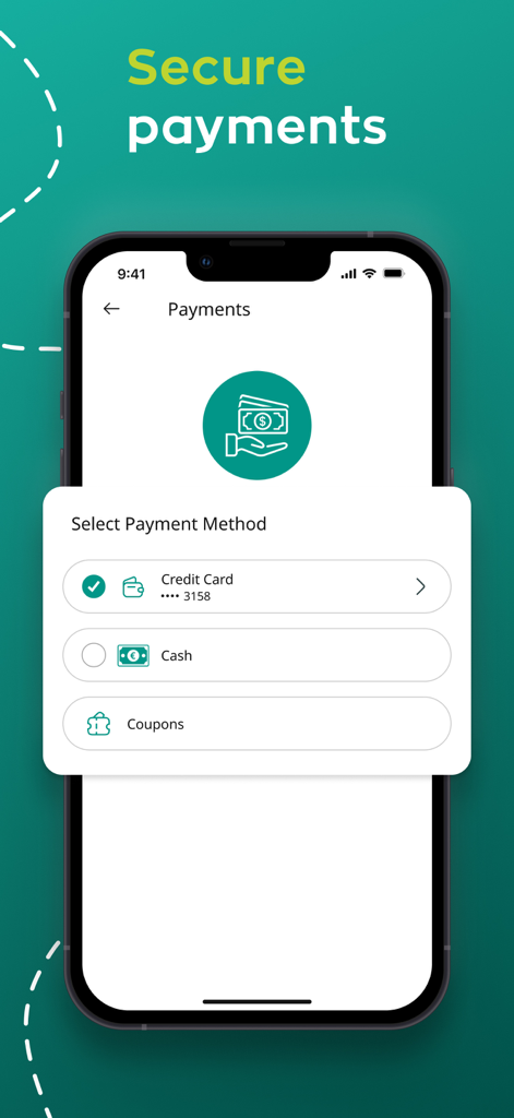 A mobile phone screen displaying the Taxiplon app payment options including credit card cash and coupons under the heading secure payments