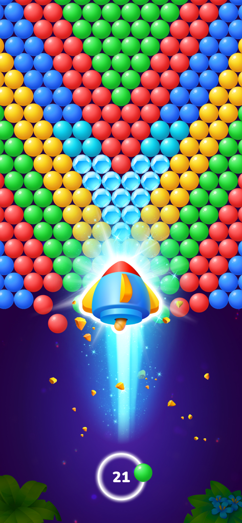 Un potenciador de cohete lanzándose hacia una cuadrícula de burbujas de colores en el juego Bubble Shooter Tale