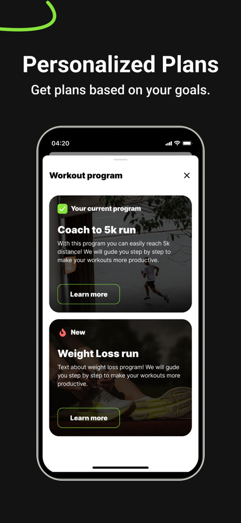 iRun. Couch to Runner : Run 5k - iRun app screen showing personalized running programs for 5k and weight loss goals