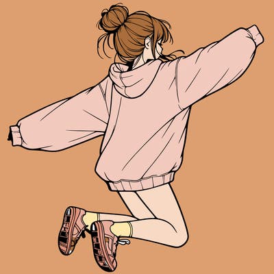realistic girl jumping with a bun and oversized sweatshirt
