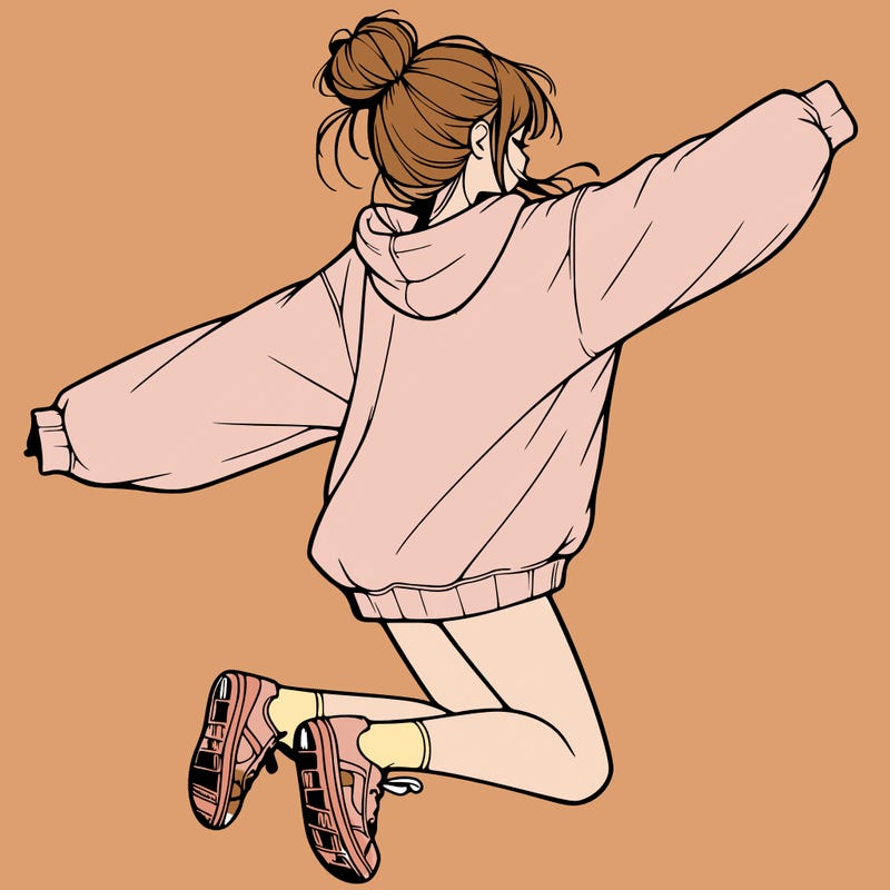 realistic girl jumping with a bun and oversized sweatshirt