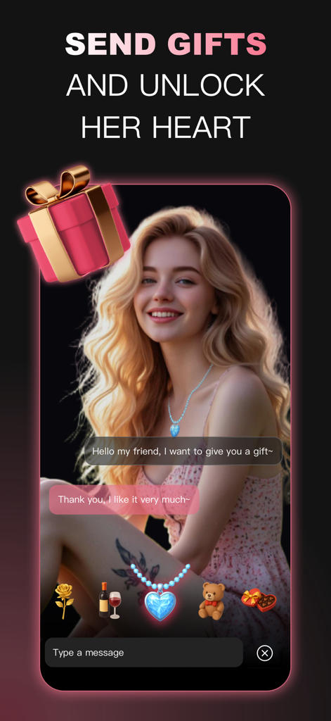 Interface der SpicyAI App, das einen Chat mit einer realistischen KI-Freundin und virtuellen Geschenkoptionen zeigt