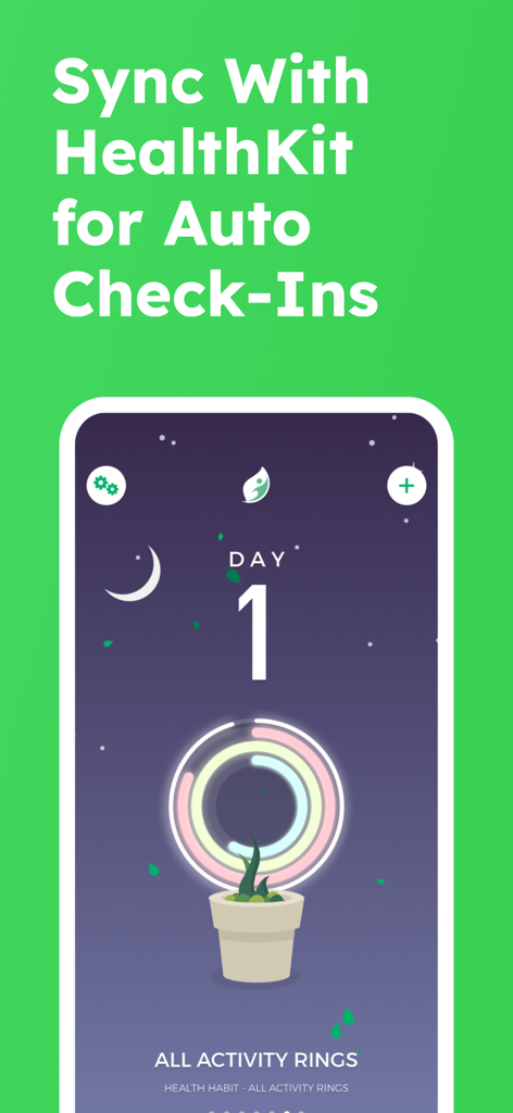 SEEDS - Habit Tracker - SEEDS app interface showing HealthKit integration for tracking activity rings and daily habit progress