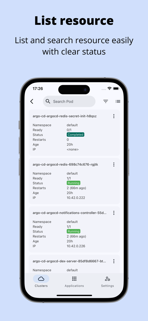 Kubeterm - Kubernetes client - A mobile interface of the Kubeterm app showing a searchable list of Kubernetes pods with their status and namespace details