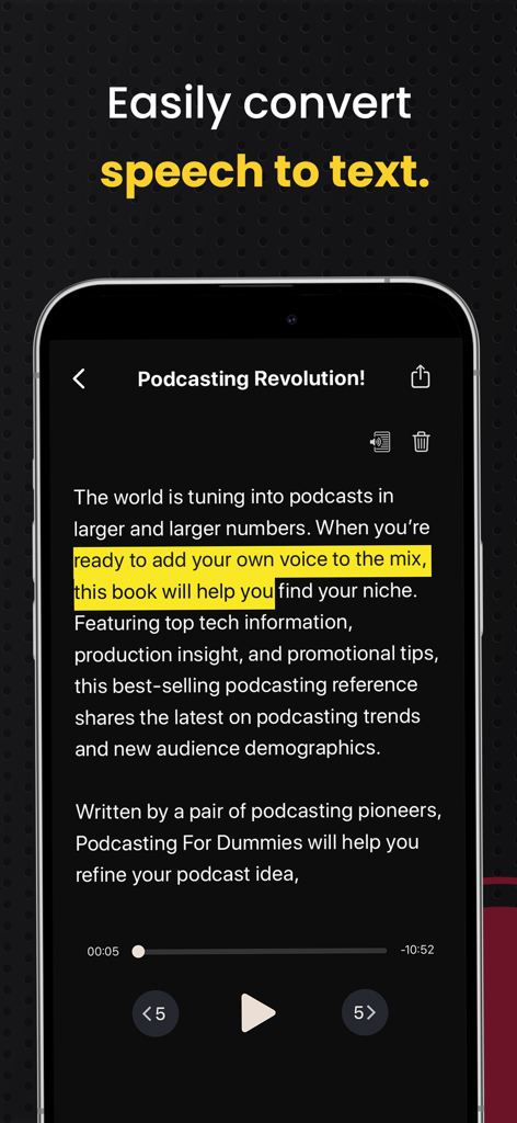 AudiOn: Voice Recorder & Memos - Interface de l'application AudiOn montrant la transcription de la parole au texte d'un enregistrement de podcast.