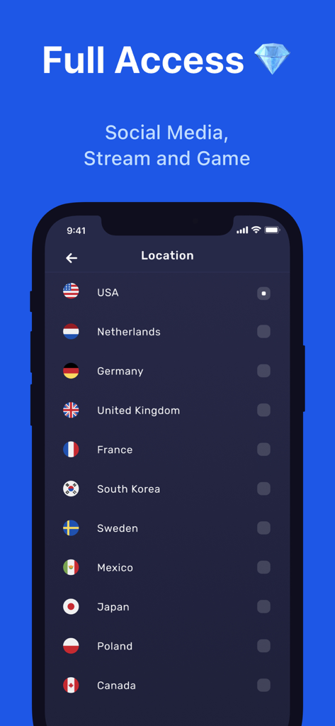 L'interfaccia di Super VPN visualizza molteplici posizioni di server globali per una navigazione e uno streaming sicuri.