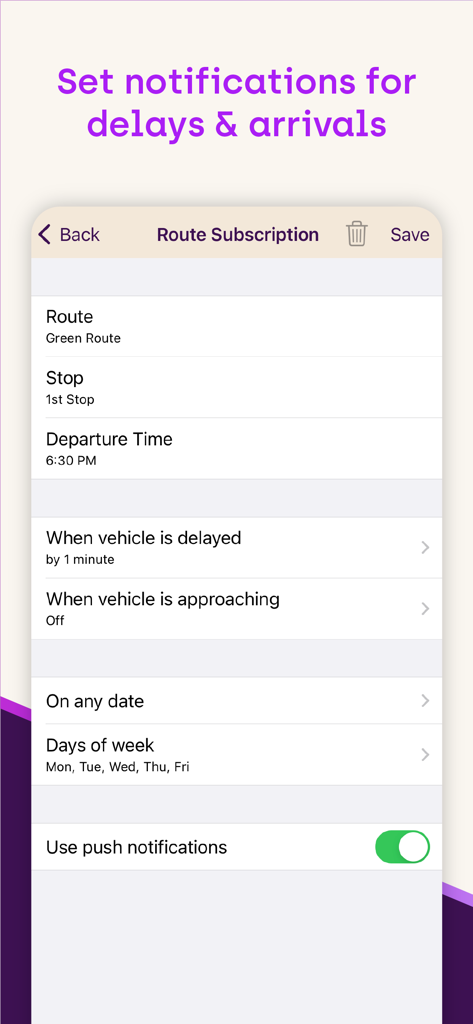 TripShot app screen for setting real-time commute notifications for arrivals and delays