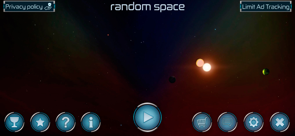 Random Space: Survival - Main menu interface of the Random Space Survival game featuring a star system background and navigation icons.