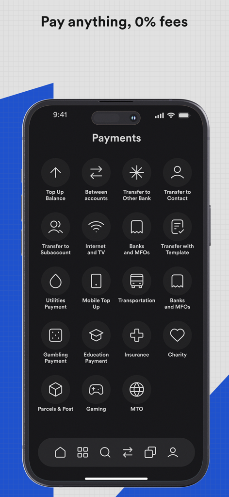 Silk Bank mobile app screen showing payment categories like utilities and transfers with zero commission fees.