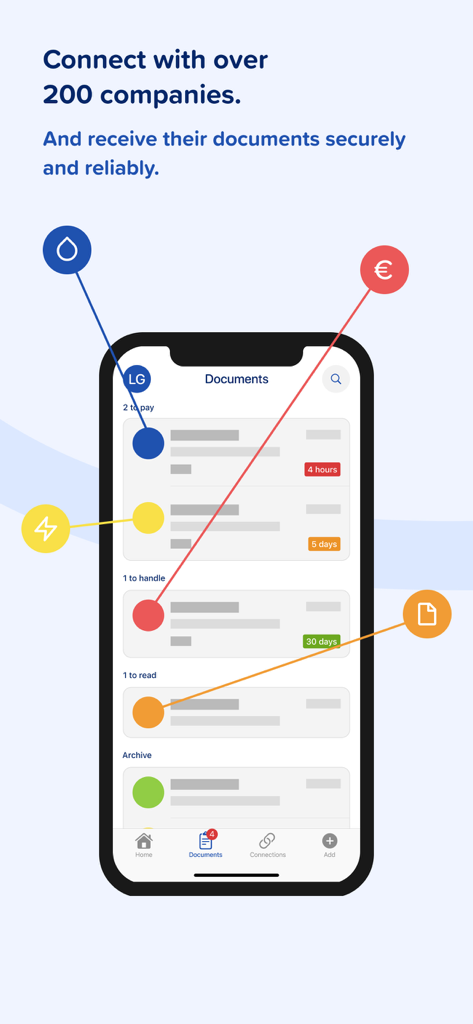 Doccle - Mobile interface of the Doccle app showing a centralized list of documents and invoices organized by priority for easy management