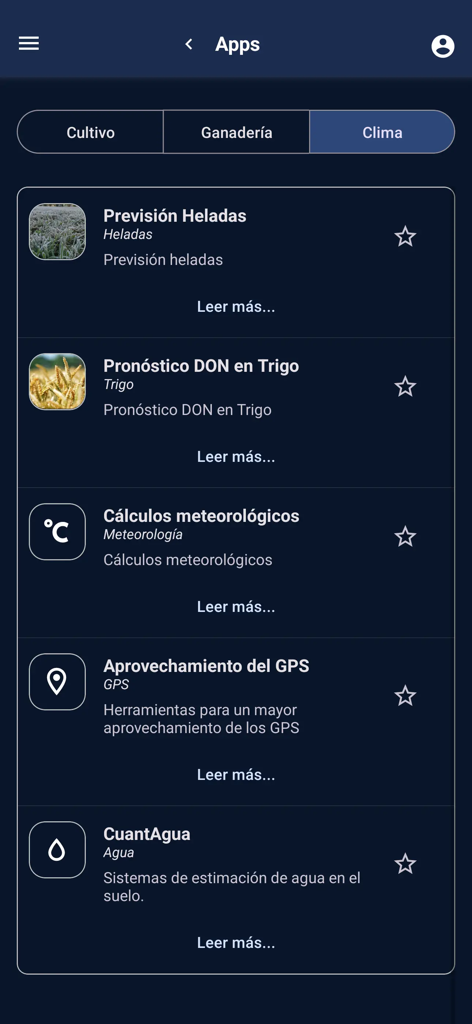 INIA móvil - Interfaz de herramientas meteorológicas y de productividad agrícola en la app INIA movil