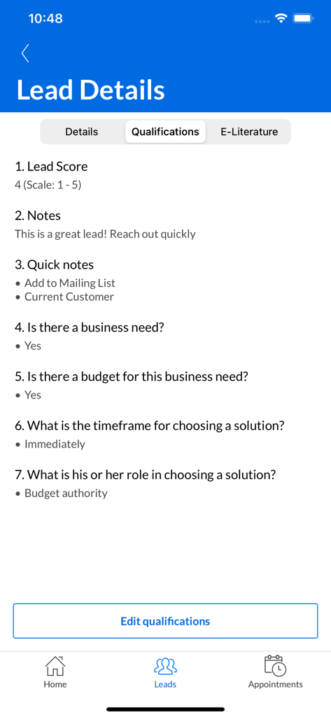 Cvent LeadCapture - Screenshot of the Cvent LeadCapture app showing lead details with lead scoring and qualification notes