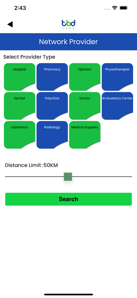 TBD Care App - TBD Care app screen for searching network providers with medical category buttons and a distance filter