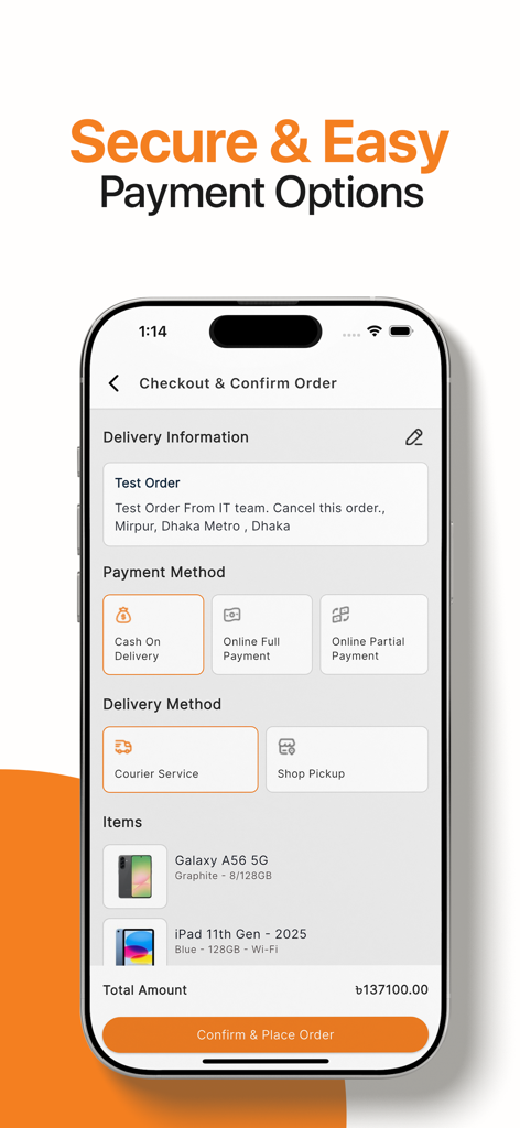 Apple Gadgets - Tech Shopping - Checkout screen of the Apple Gadgets app showing secure payment and delivery options for tech products