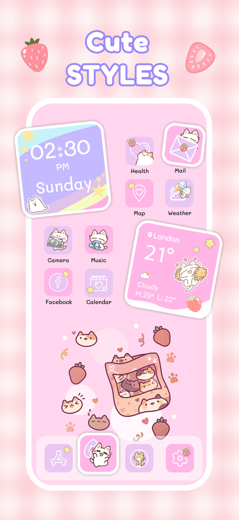 BeautyTheme: Icons & Widgets - Tema de teléfono estético rosa con lindas ilustraciones de gatos e iconos de fresas