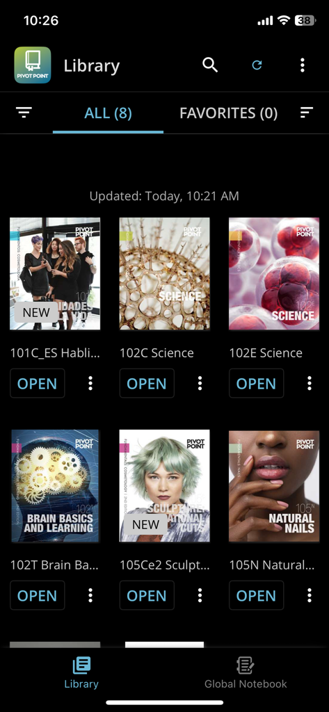 Pivot Point Reader - La pantalla de la biblioteca de la aplicación Pivot Point Reader mostrando varios eBooks de educación en belleza y bienestar.