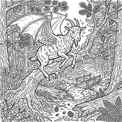 Step into the legendary Pine Barrens with this intricate Jersey Devil coloring page. Featuring the mythical winged creature amidst a dense, mysterious forest, it promises an engaging coloring adventure.