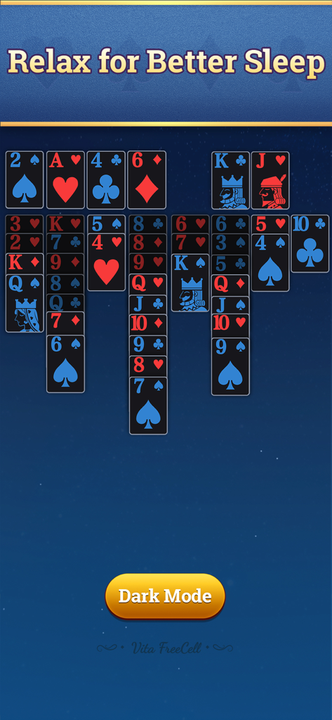 Vita FreeCell for Seniors - Vita FreeCell solitaire gameplay in dark mode with high contrast cards for eye comfort