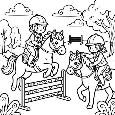 Experience the joy of equestrian sports with an irresistibly cute twist! This Kawaii Hunter Jumpers coloring page brings adorable riders and their horses to life, ready for your creative touch.