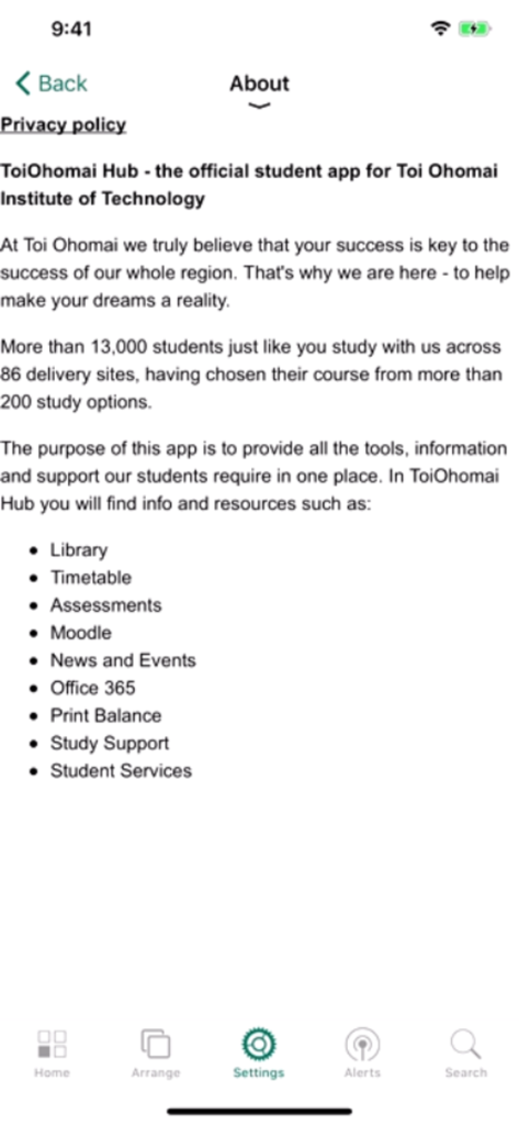 ToiOhomaiHub - About page of the ToiOhomaiHub student app listing available services like Timetable and Moodle.