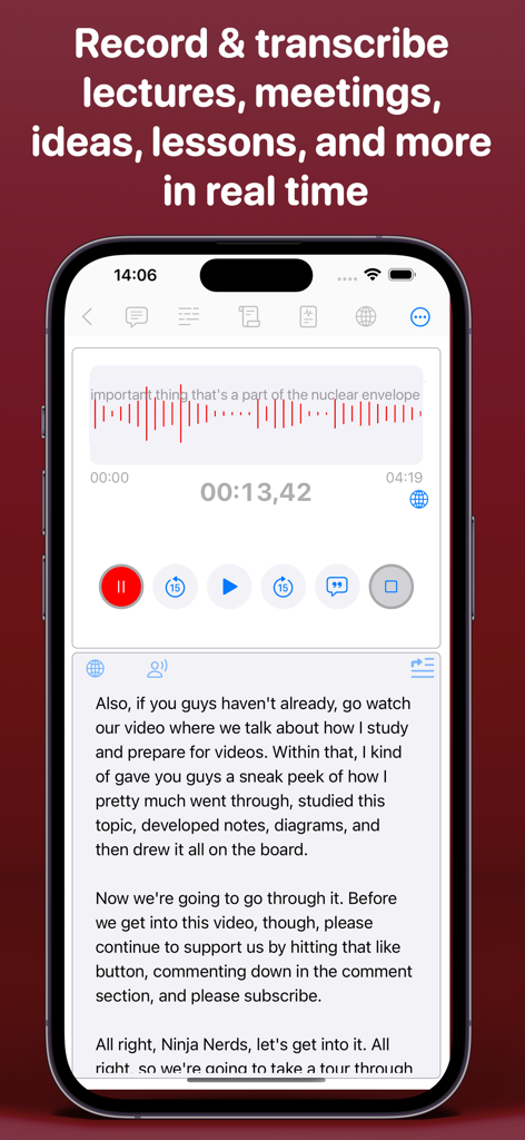 Aı Note Taker - Voice Notes - Pantalla de iPhone mostrando grabación y transcripción de audio en tiempo real en la aplicación AI Note Taker
