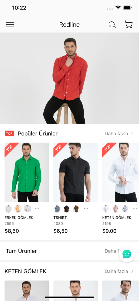 Redline - Pantalla de inicio de la aplicación móvil Redline mostrando camisas de hombre populares y precios al por mayor