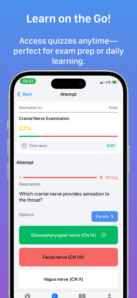 Neurology - Neurology app interface showing a medical quiz about cranial nerve examination for exam preparation.