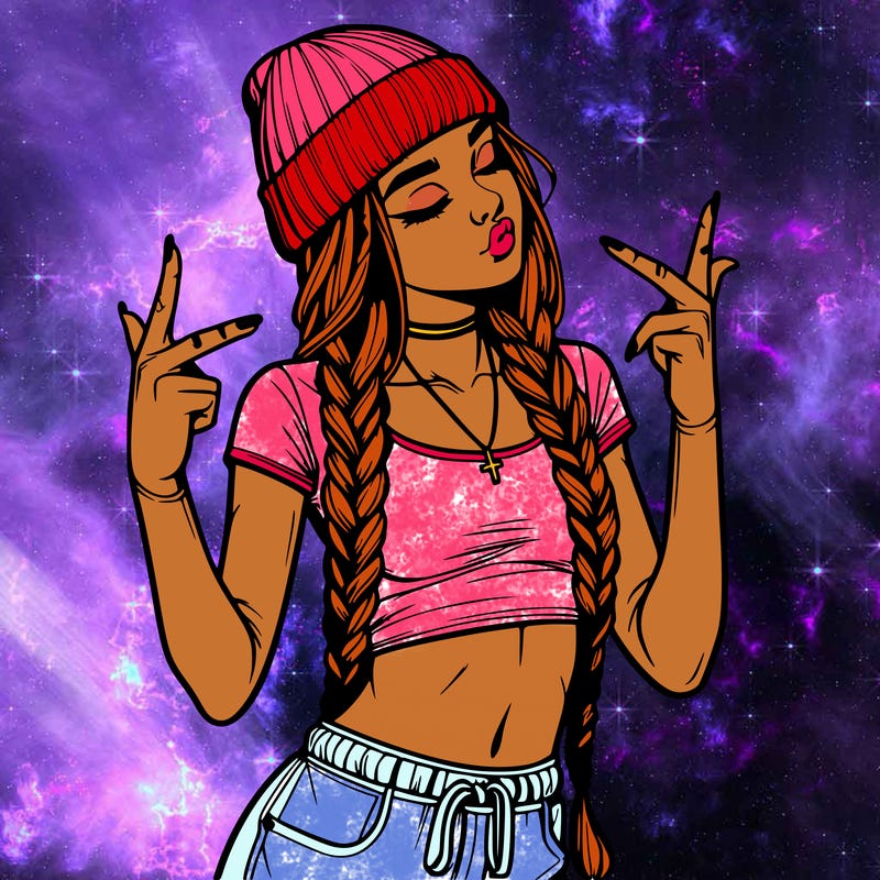 realistic teenage girl with braids and a beanie and crop top doing 🫶🏼