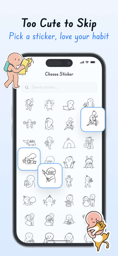 Cozy - Cute Habit Tracker - A screen from the Cozy habit tracker app displaying a library of cute hand-drawn stickers for customizing daily habits.
