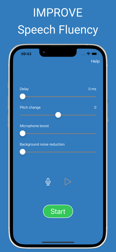 DAF Pro app interface showing speech therapy controls for delay, pitch, and microphone boost