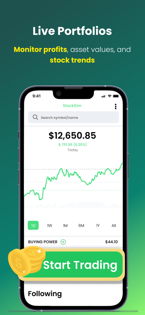 Interfaz de la aplicación Stock Market Simulator que muestra el valor del portafolio en vivo y las tendencias del mercado