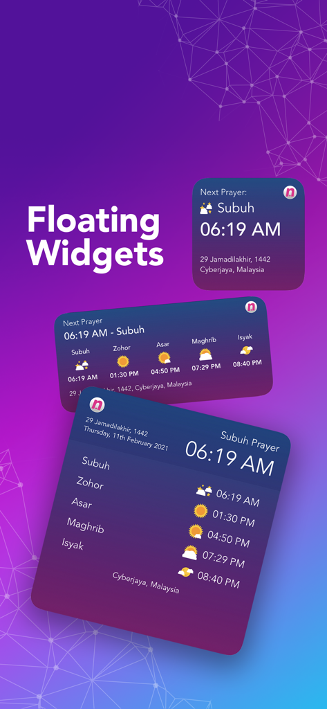 TheNoor - Azan, Quran, Qiblah - Three floating widgets from TheNoor app showing different layouts for Islamic prayer times