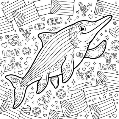 Unleash your creativity with this unique Nannopterygius coloring page celebrating Pride Month. This charming ichthyosaur swims amidst symbols of love, diversity, and community, ready for your vibrant touch.