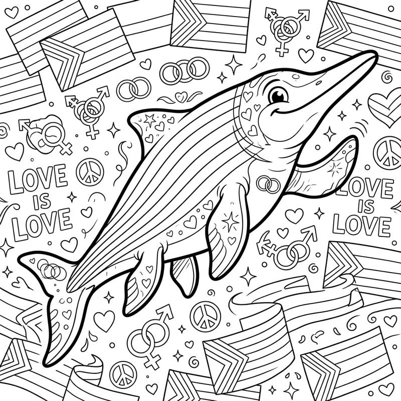 Unleash your creativity with this unique Nannopterygius coloring page celebrating Pride Month. This charming ichthyosaur swims amidst symbols of love, diversity, and community, ready for your vibrant touch.