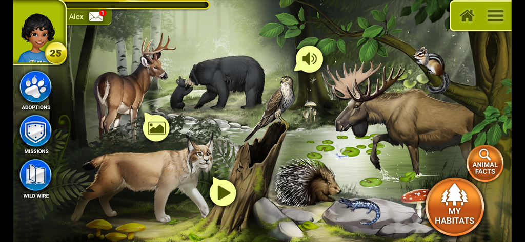 Earth Rangers - A forest habitat screen in the Earth Rangers app featuring various wild animals and interactive educational icons