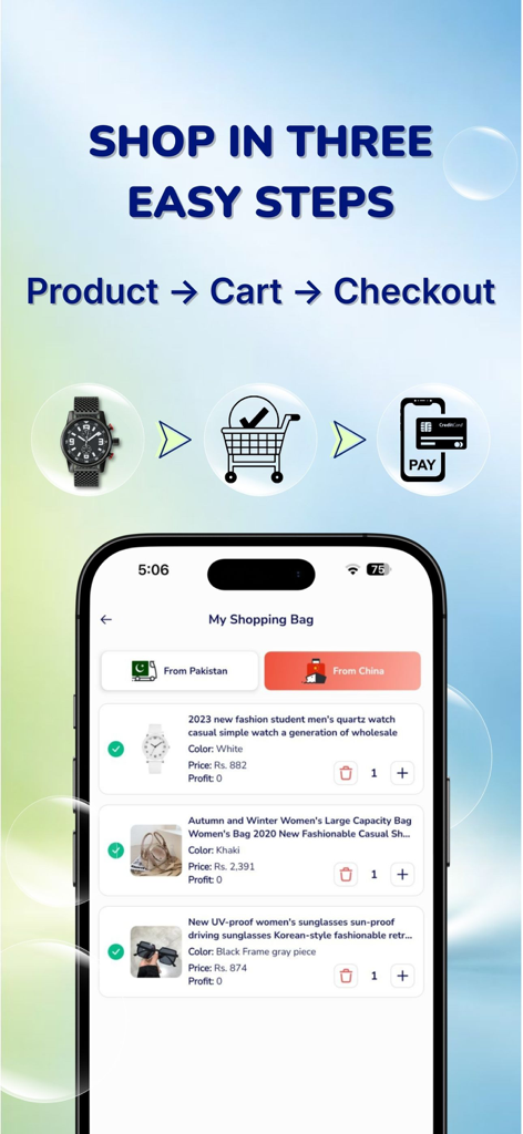Markaz: Online Shopping & Earn - Markaz 앱 쇼핑 프로세스의 세 단계(제품 선택, 장바구니 추가, 최종 결제)를 보여주는 인터페이스.